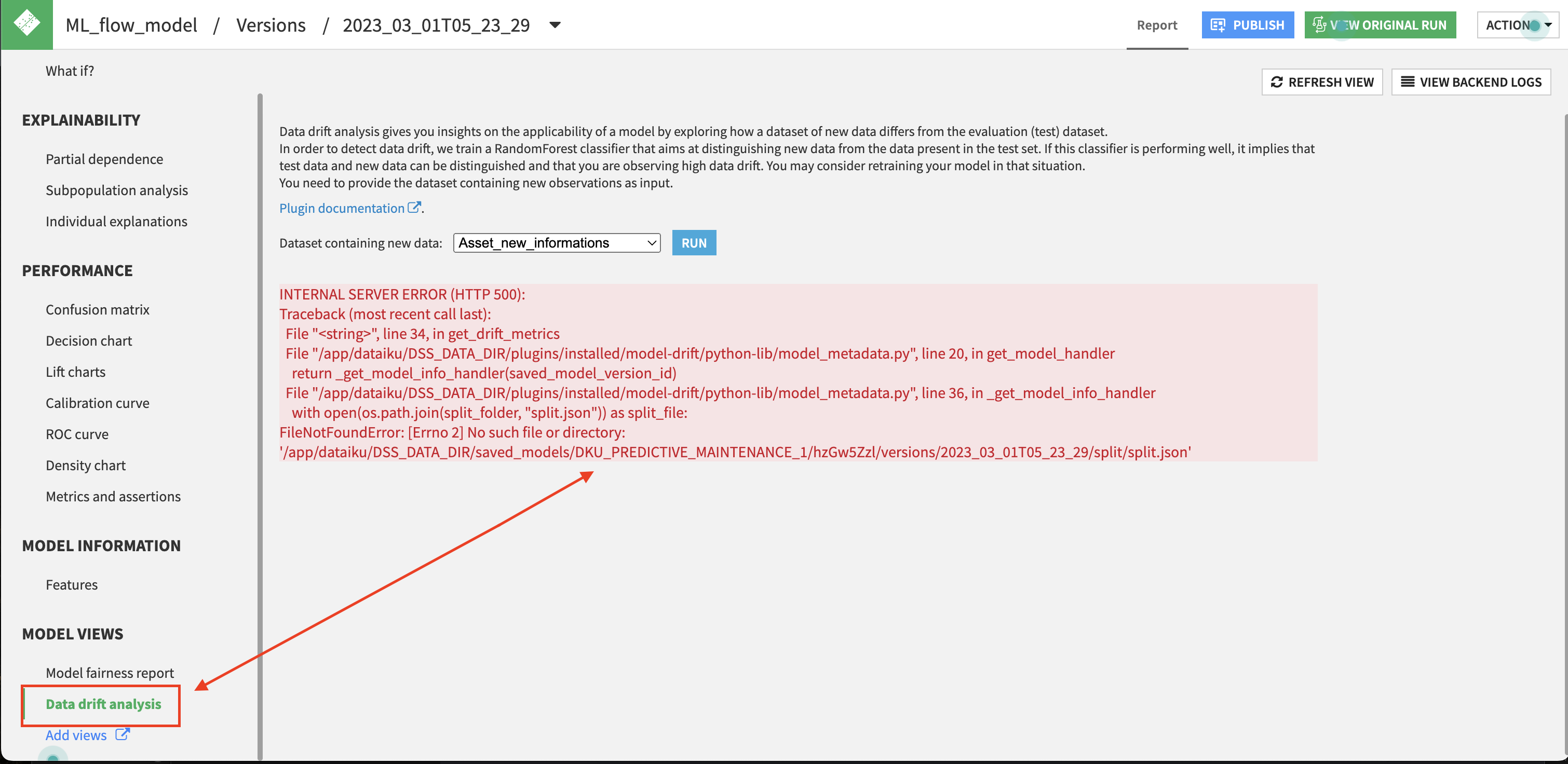 Unable to run data drift from the saved model page with a custom model ...
