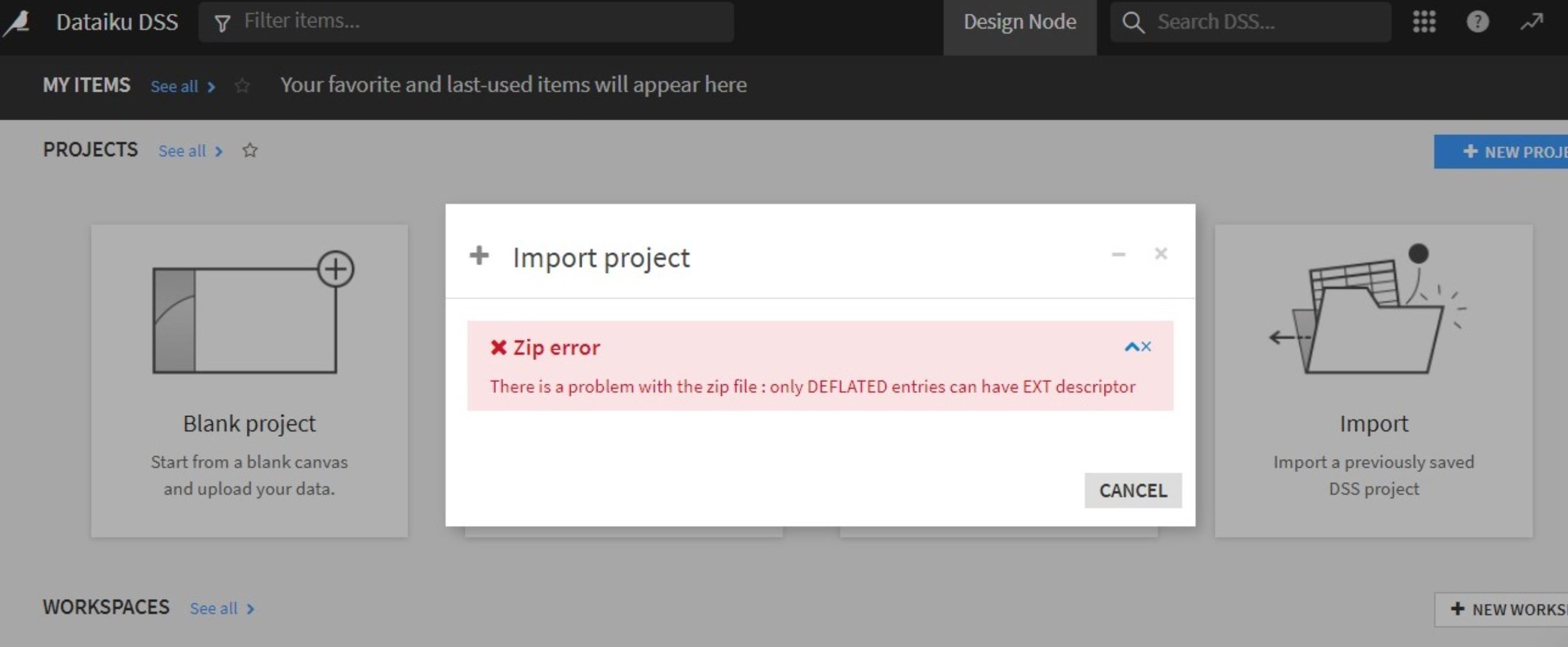 Error while running dss project (import project error) — Dataiku Community