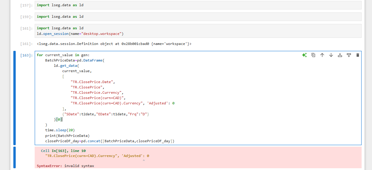 Workspace with API (refinitiv.data / rd.get_history) does not give ...