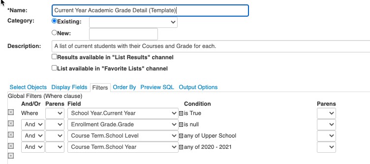 Grade List Screengrab showing structure