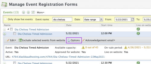 Options tab in Manage event registration forms