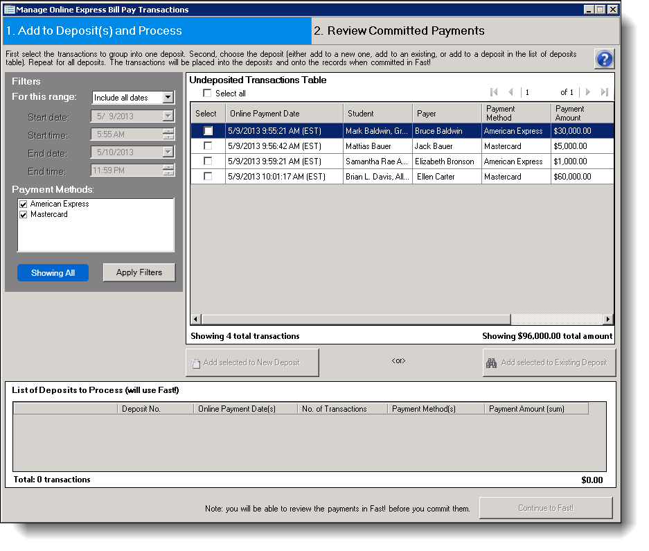 Manage Online Express Bill Pay Transactions screen