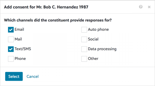 When you add a consent record, you can choose which channels the constituent agrees to receive, such as Email and Text/SMS.