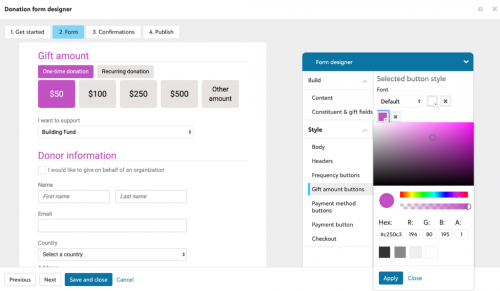 screenshot of donation form designer
