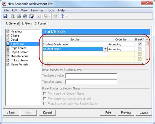 Academic Achievement Format tab