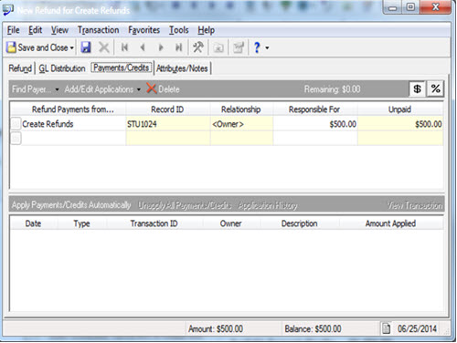 Payments-Credits tab