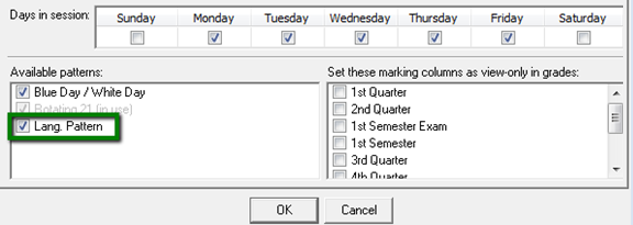 Available Patterns box on the Academic Year general tab