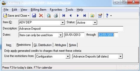 Restrictions tab of the Advance Deposit record