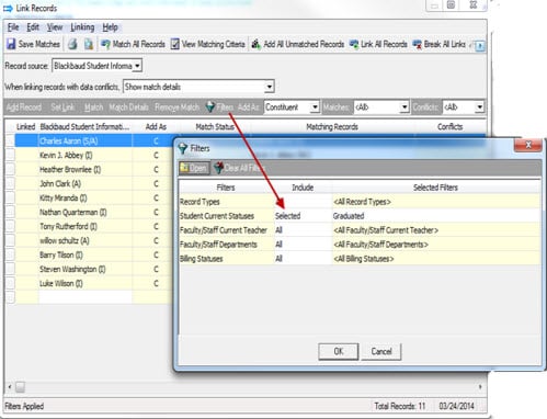 Link Records Grid Filtered On Student Current Statuses