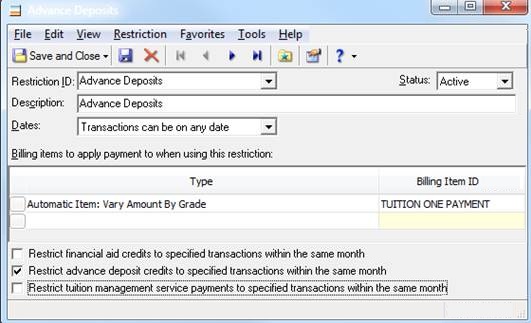 Application Restriction example for tuition charges