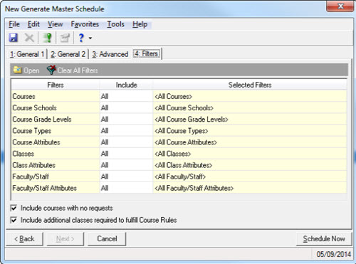 Generate Master Schedule Filters Tab