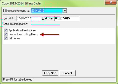 Copy Billing Cycle window