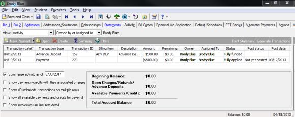 Student record with Adbace Deposit and Payment