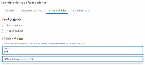 Optional fields tab on the Optimized donation form designer 53673226f4dfd361dc1c98dabd61407f-huge-do