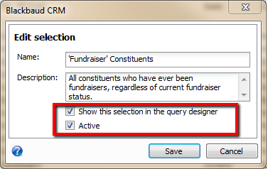 Edit query selection screen