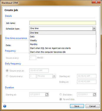 Create job Schedule type drop-down