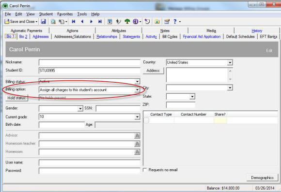 Student Record Bio1 tab