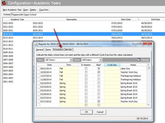 Academic Year Scheduling Tab