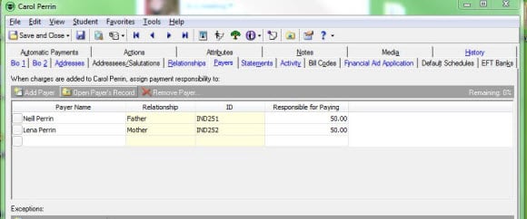 Student Record Payers Tab