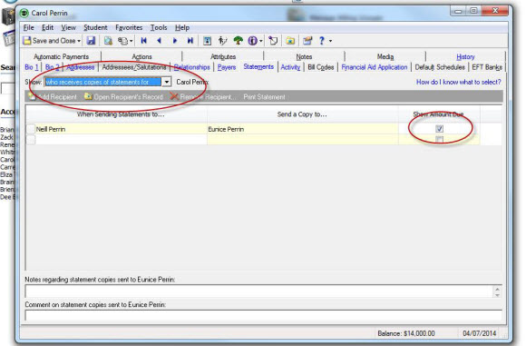 Student Record Statements Tab