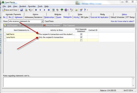 Student Record Statement Tab