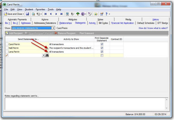 Student Record Statement Tab