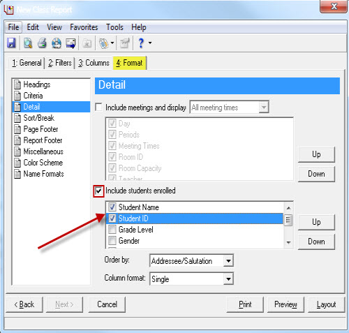 Class Report Format Tab