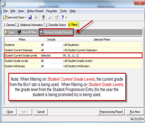 End of Year Processing Wizard Filters Tab
