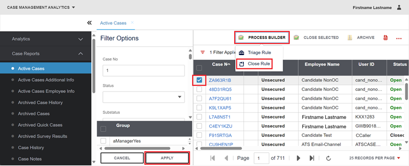 active cases report process builder close rule