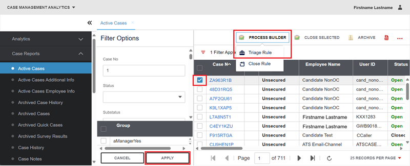 active cases report process builder triage