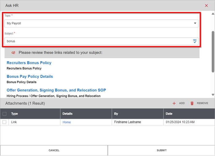 ask hr case form top search results