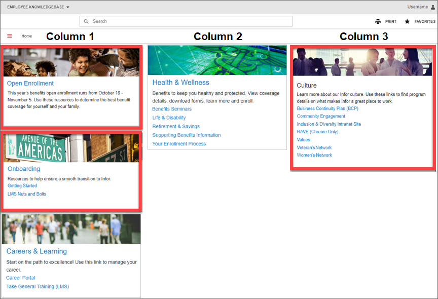 home page with widgets