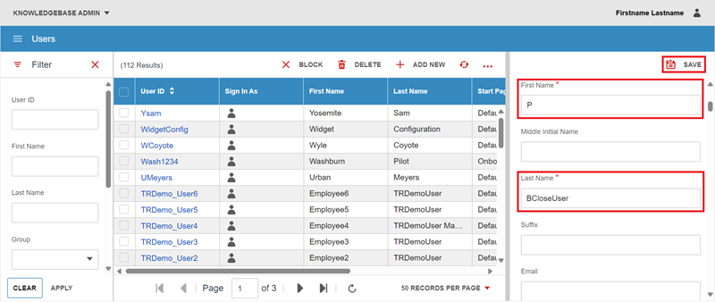 Knowledgebase Admin users add p b close user