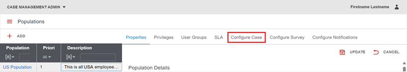 populations page configure case