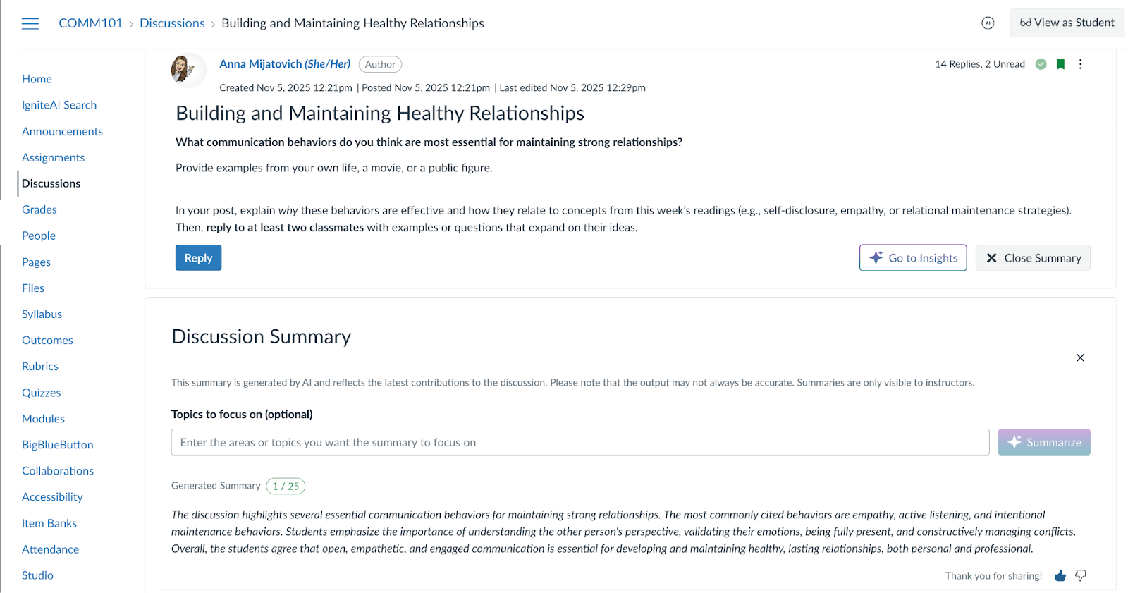 Key Discussion Threads IgniteAI Summaries for Discussions | Feature Overview - Instructure ...