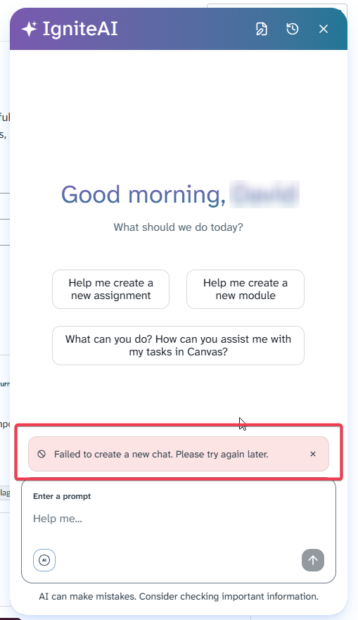 IgniteAI Error: Failed to create a new chat. Please try again later ...