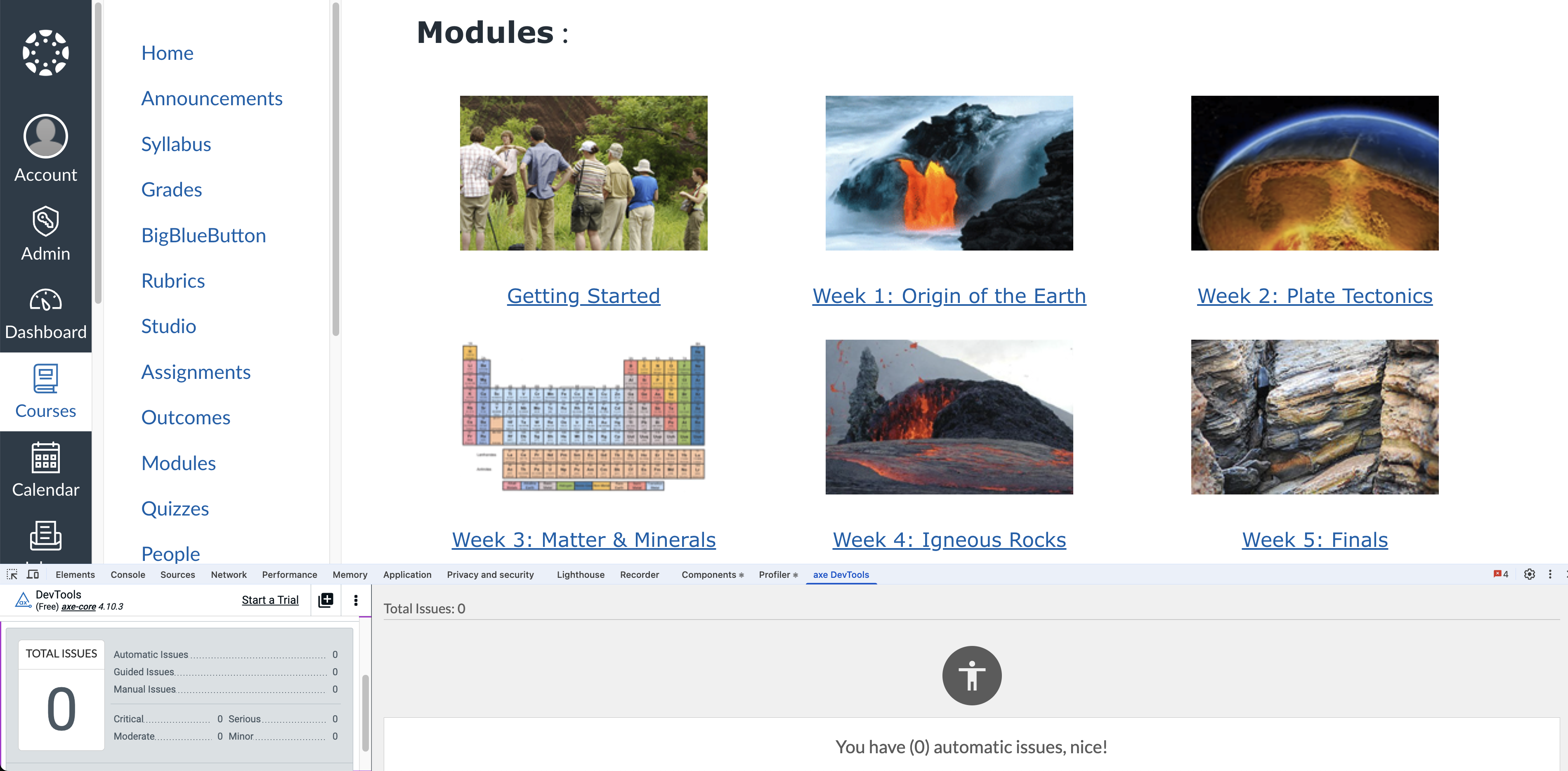 Axe DevTools results: no contrast or semantic HTML issues found
