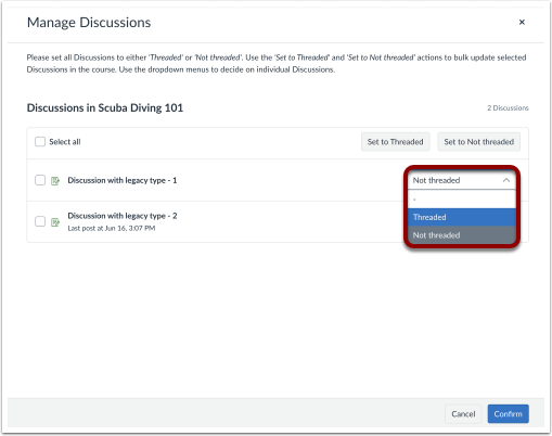 Manage Individual Discussions Drop Down Menu