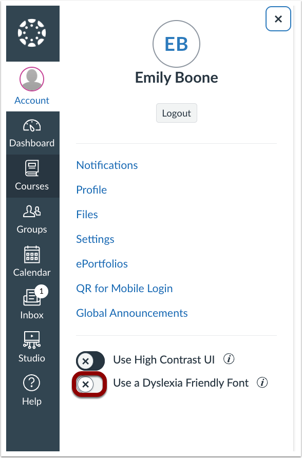 Account Tray Dyslexia Font Toggle