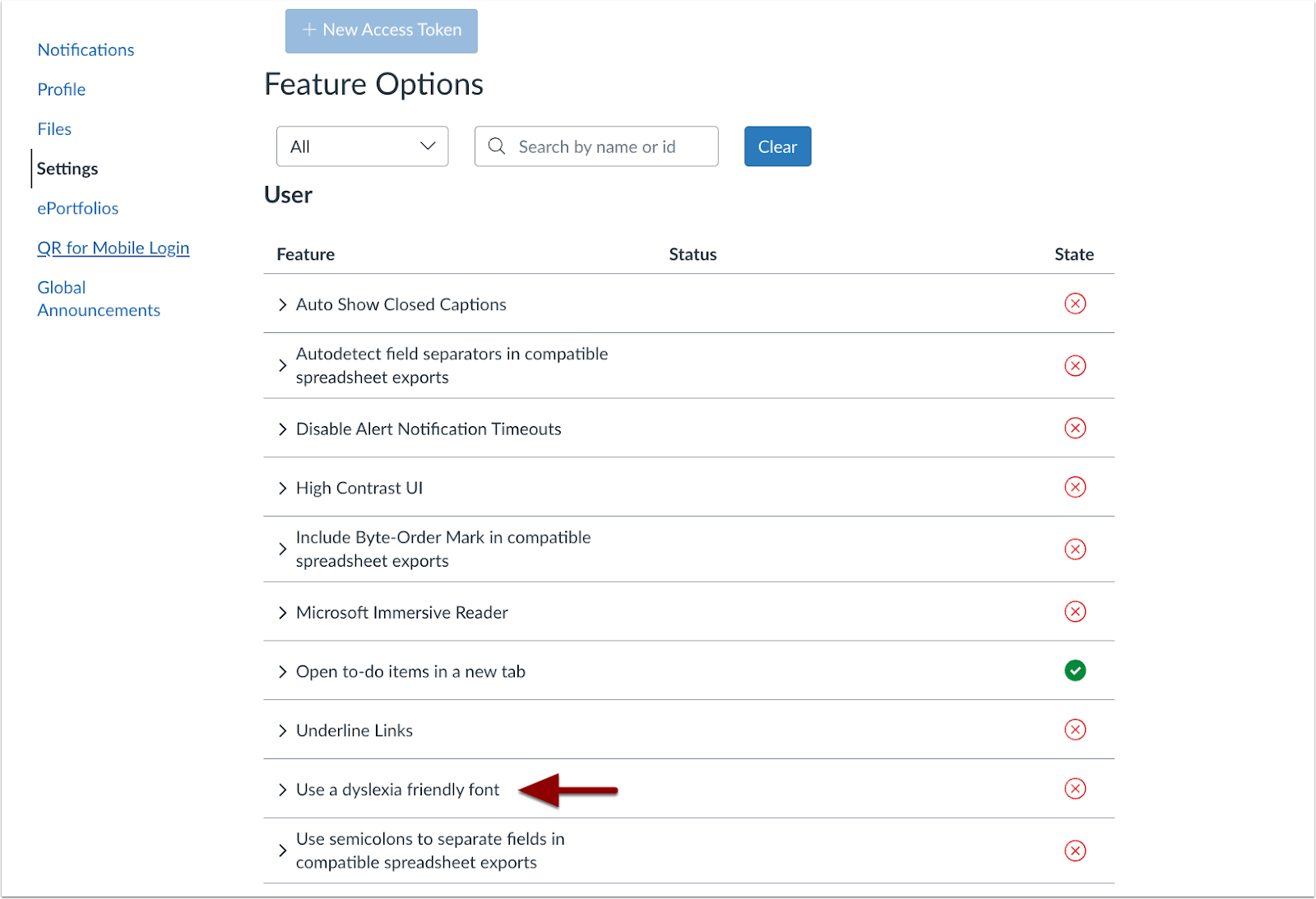 User Setting Feature Option
