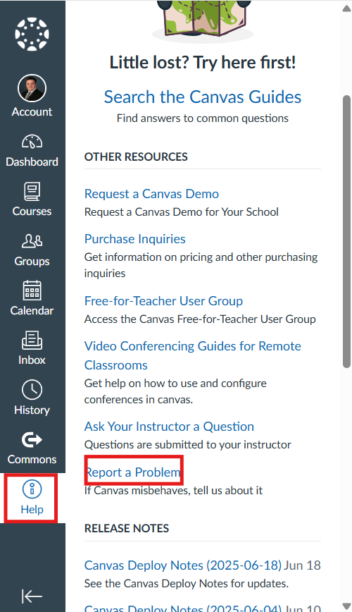 Report a Problem link on Global Navigation