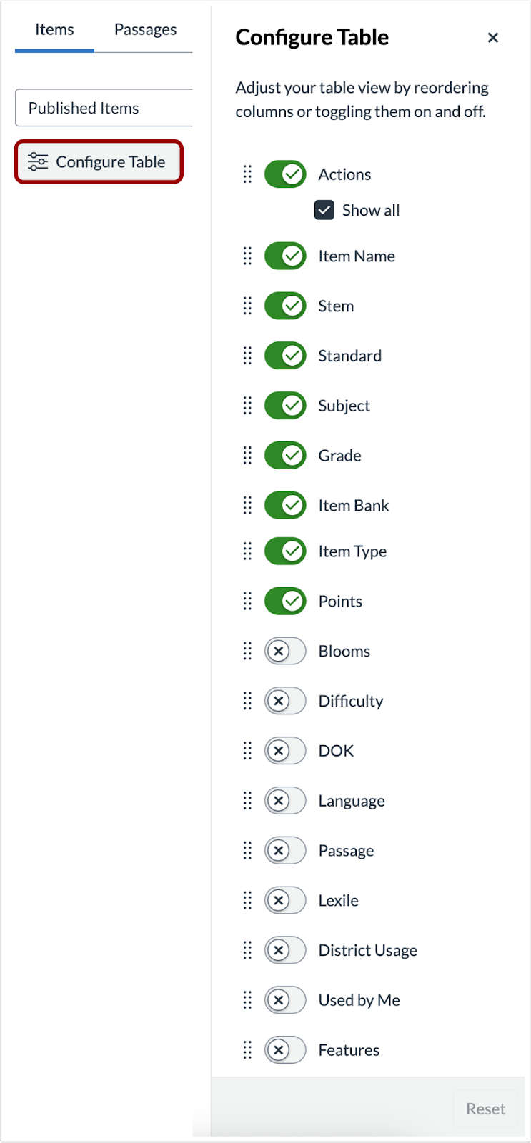Configure Table Options
