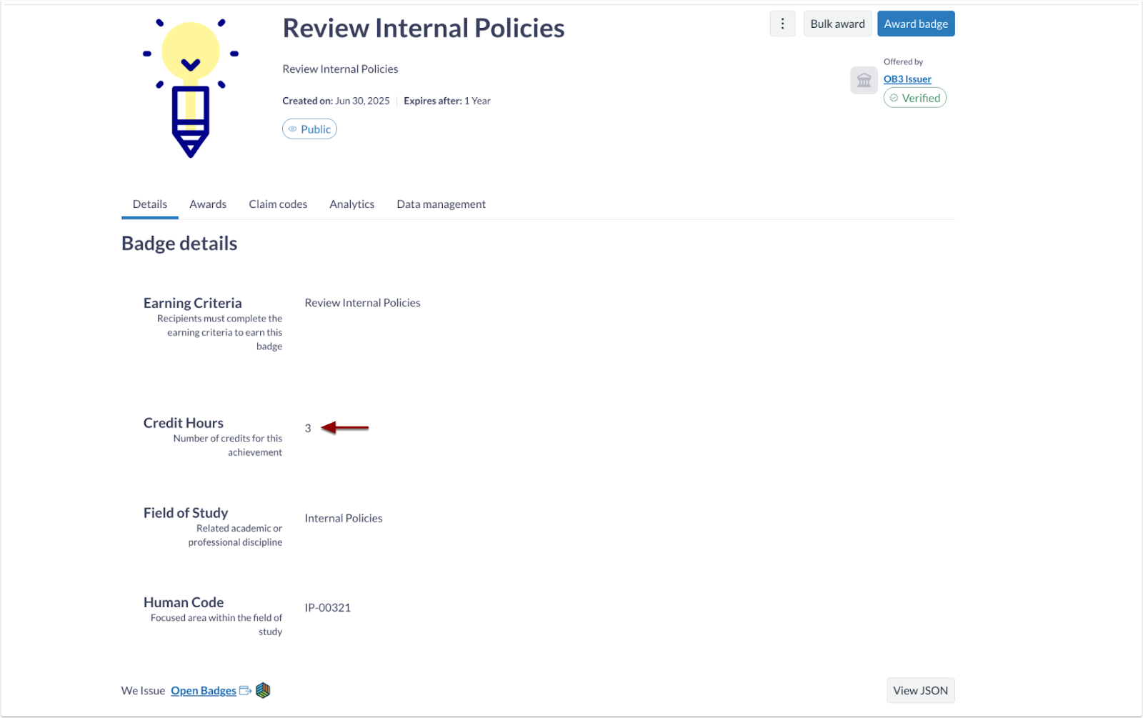 Badge Details Page Displays OB3.0 Specific Details