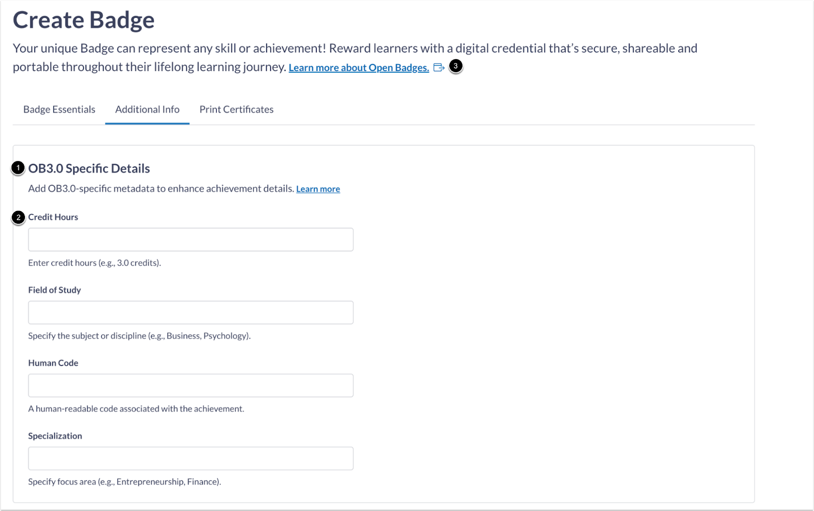 Create Badge Page OV3.0 Specific Details Section