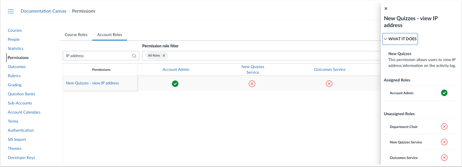 Account Roles Tab Permissions Page