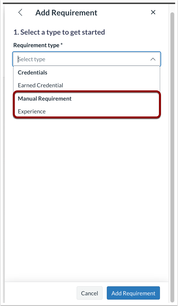 Add Requirement Drop-Down Menu