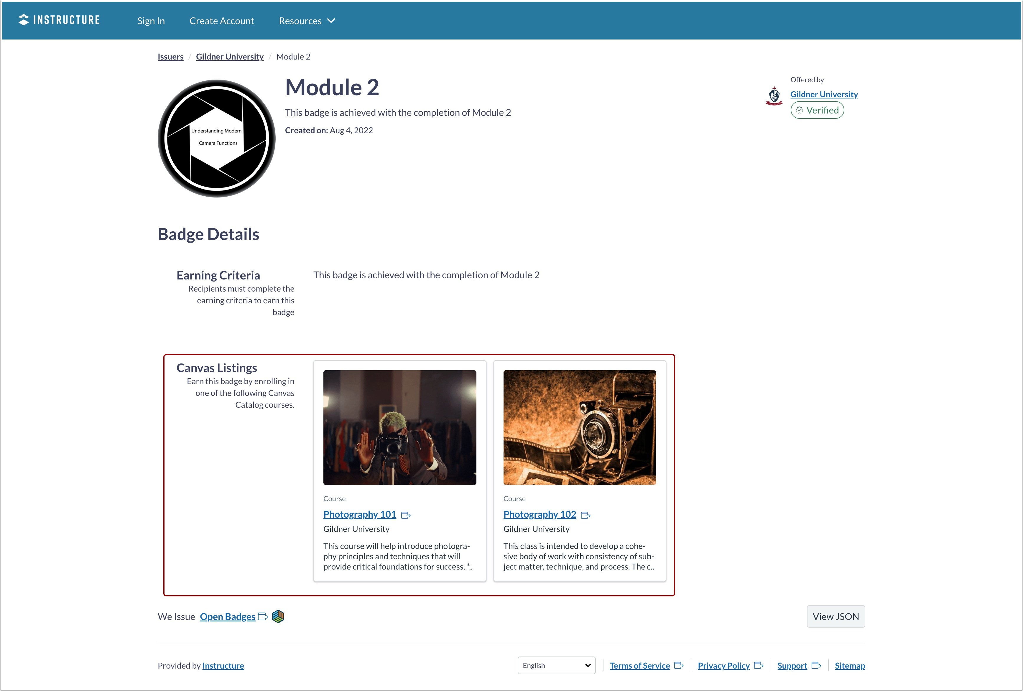 View Catalog Listing on Public Badge Page