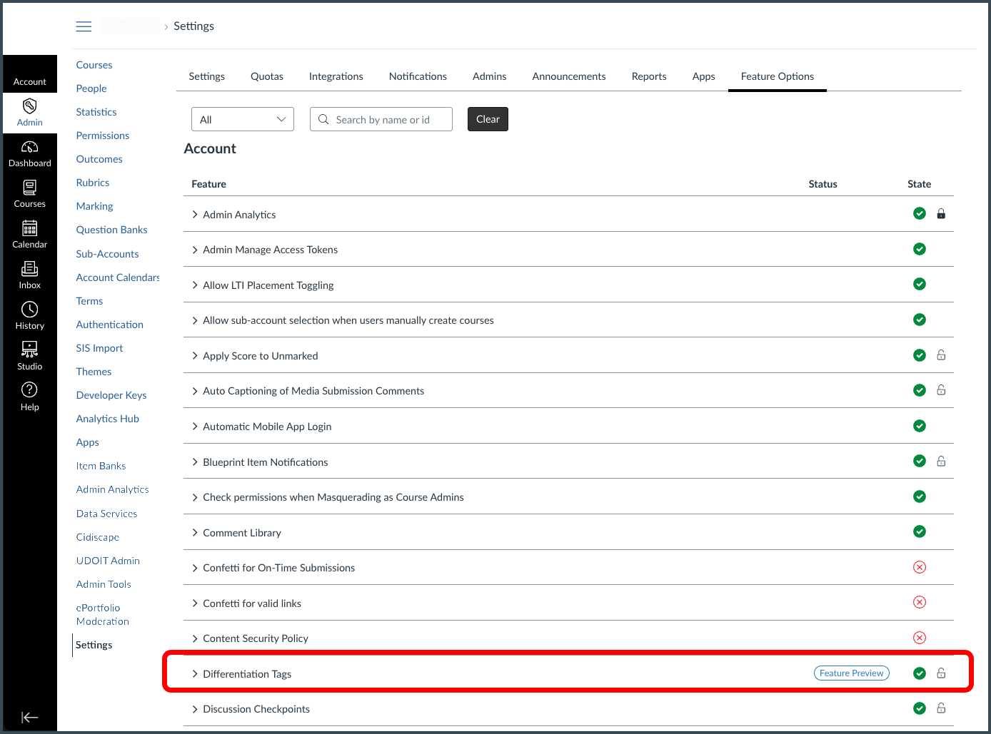 Enable Differentiation tags in Admin Feature Options