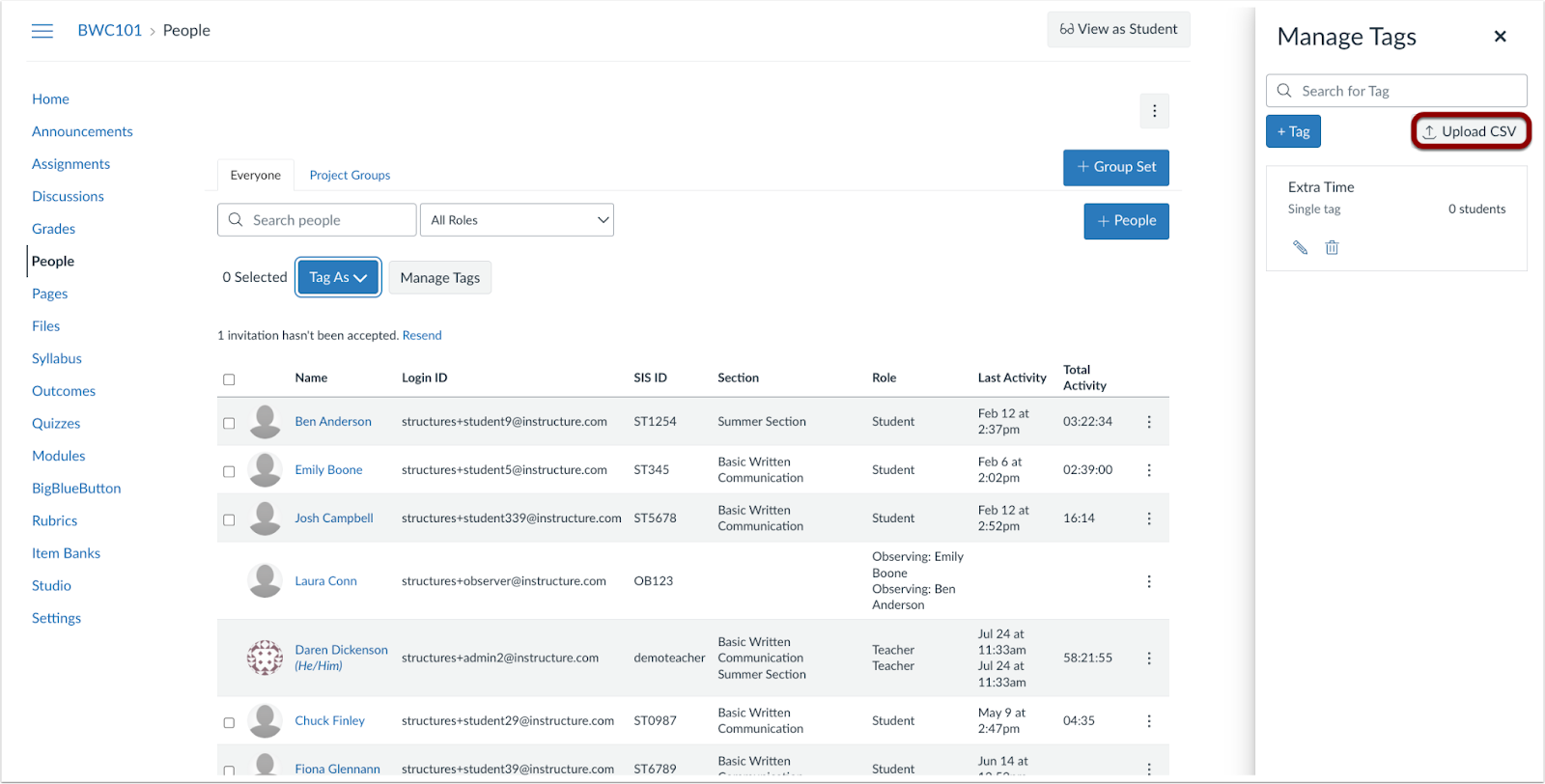 Manage Tags Tray Upload CSV Button