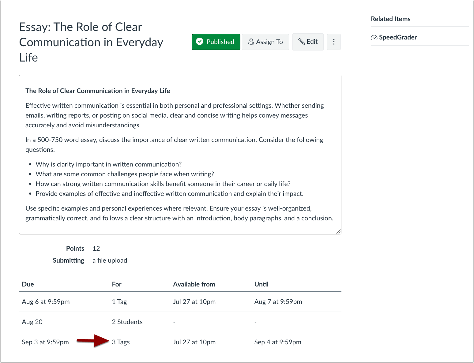 Assignment Details Page Tags Display